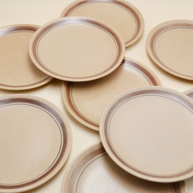 Les assiettes plates à liseré marron